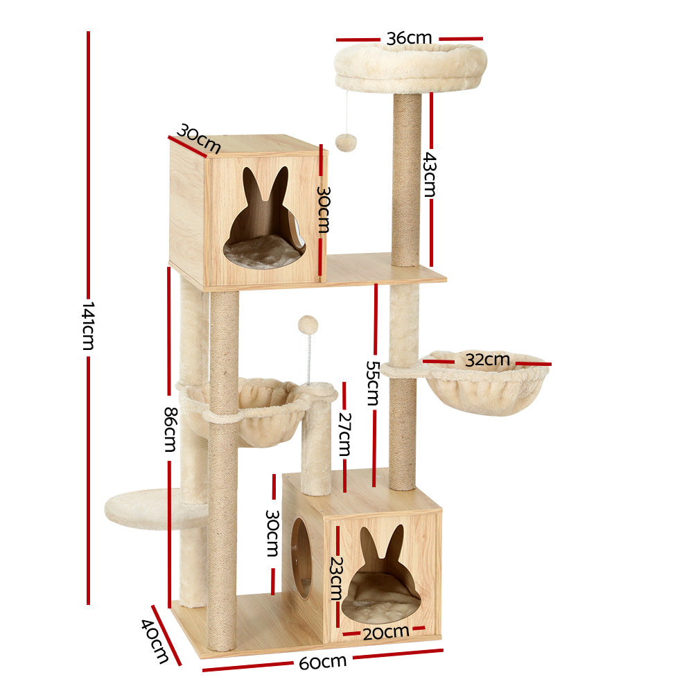 i.Pet Cat Tree 141cm Tower Scratching Post Scratcher Wood Bed Condo Toys House Ladder - The Cat Den