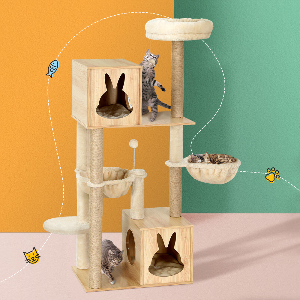 i.Pet Cat Tree 141cm Tower Scratching Post Scratcher Wood Bed Condo Toys House Ladder - The Cat Den