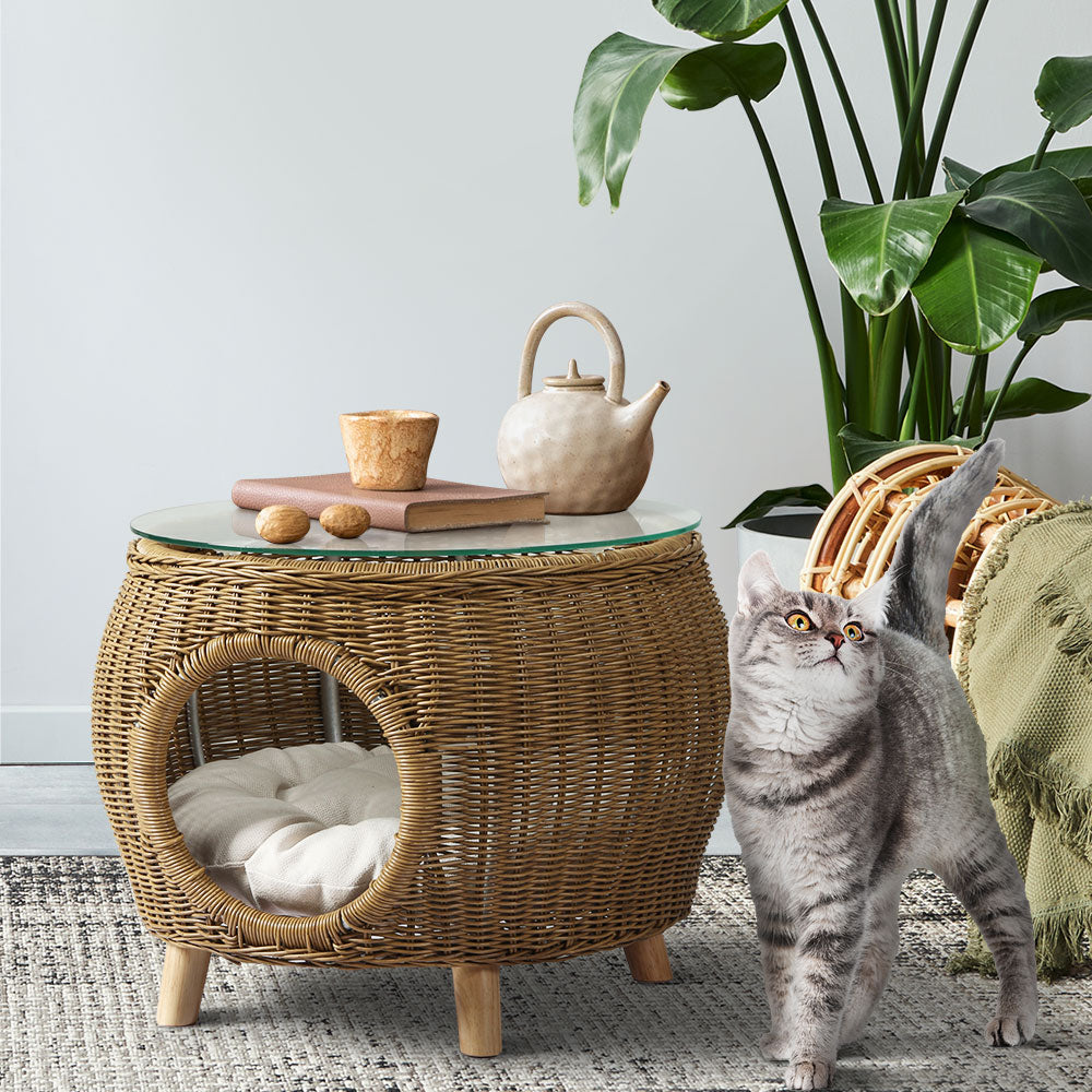 Glass Table Top Outside Wicker Cat Bed - The Cat Den