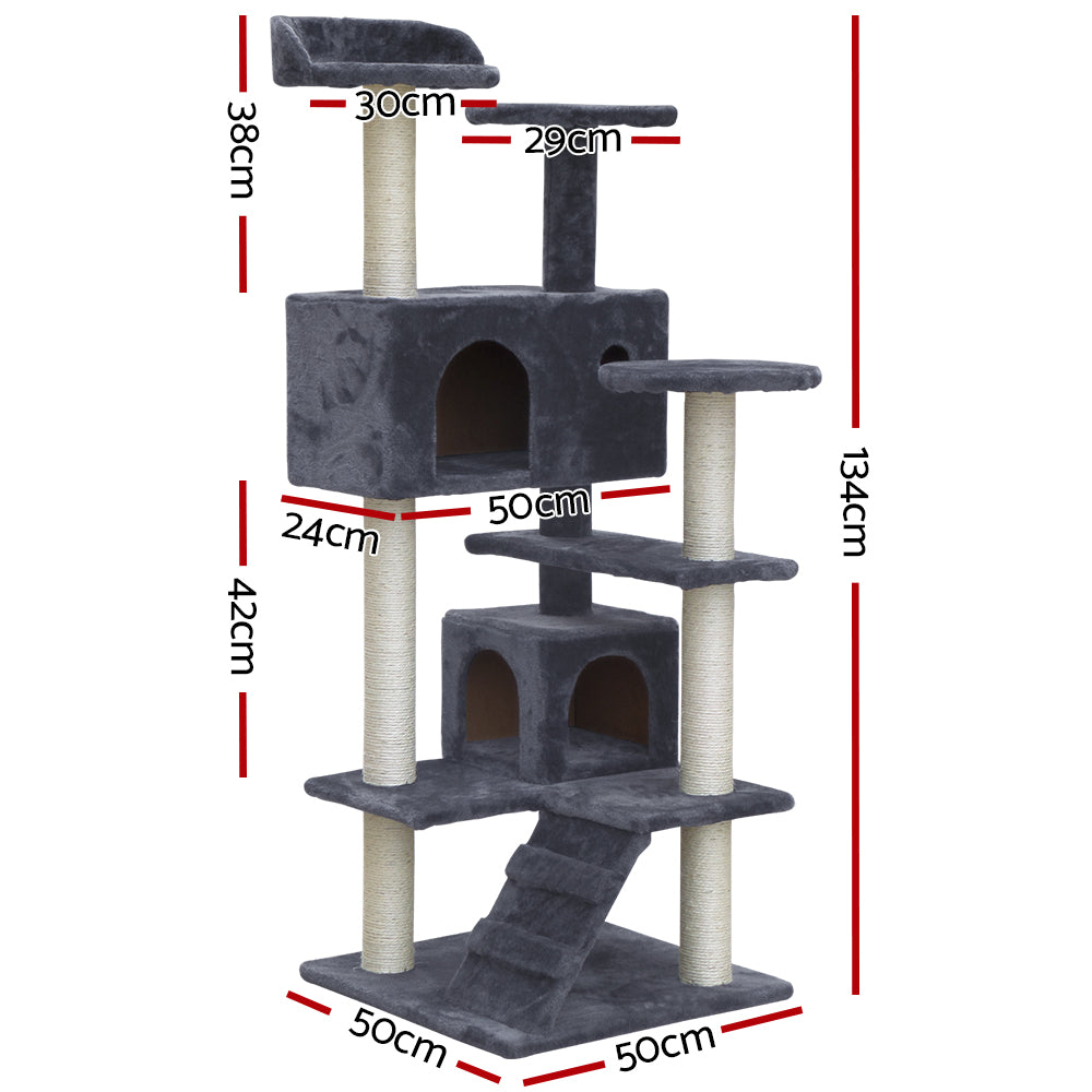 134 cm Cat Tree - Grey Post Scratcher Tower - The Cat Den