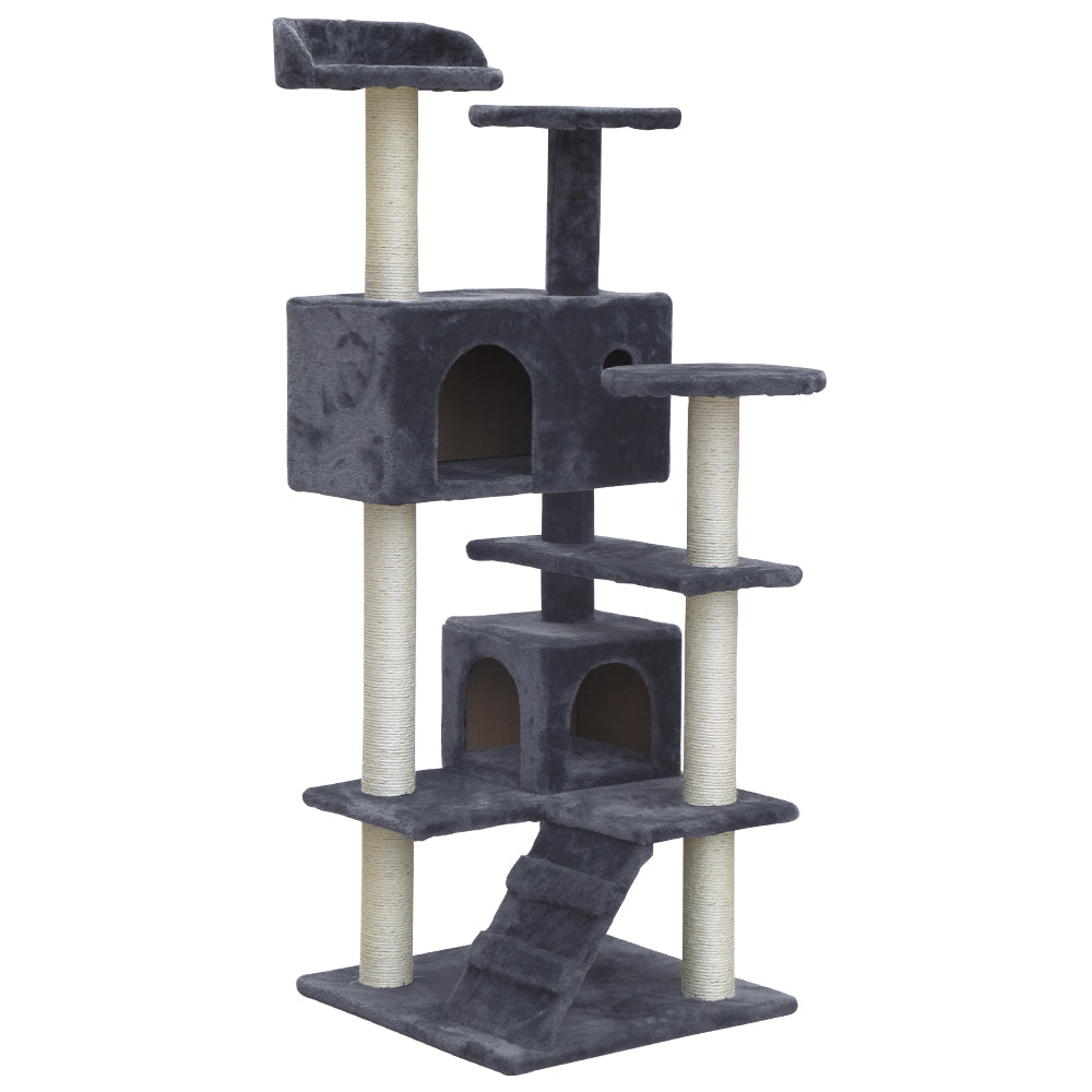 134 cm Cat Tree - Grey Post Scratcher Tower - The Cat Den