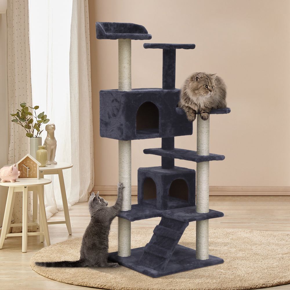 134 cm Cat Tree - Grey Post Scratcher Tower - The Cat Den