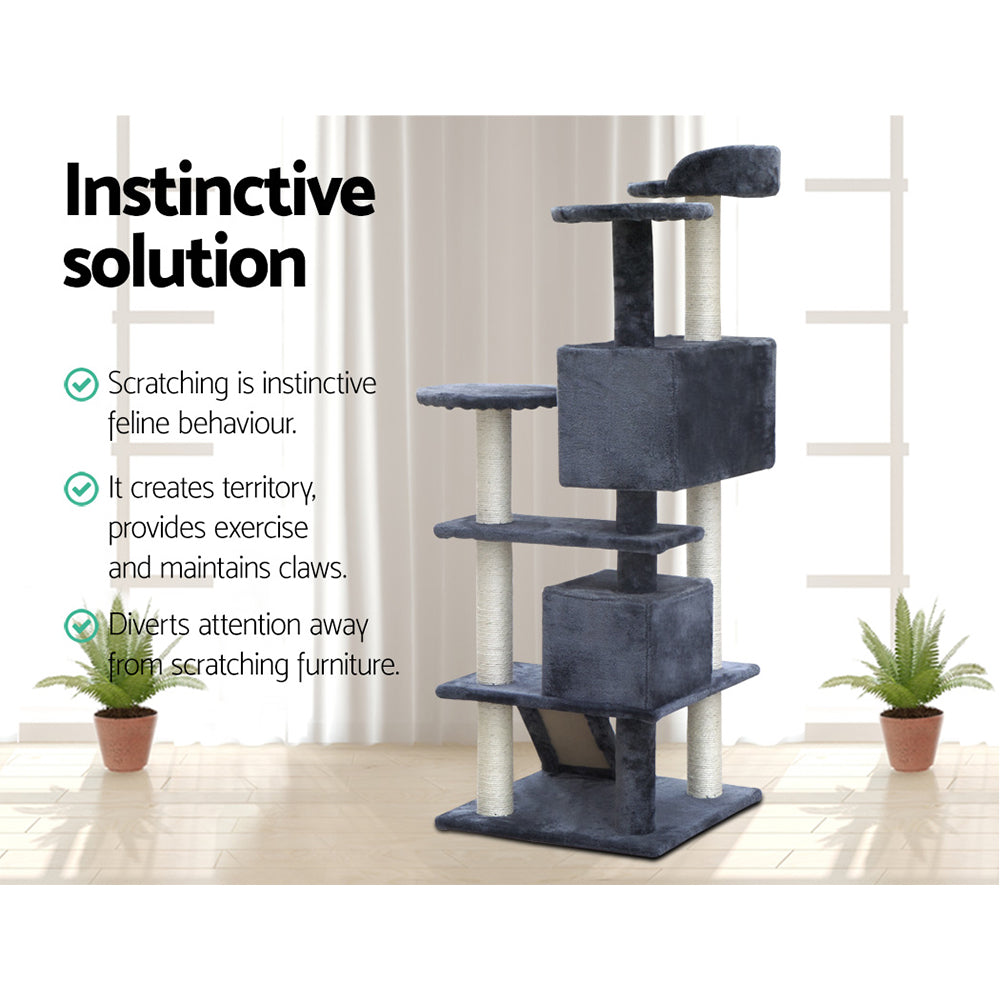 134 cm Cat Tree - Grey Post Scratcher Tower - The Cat Den