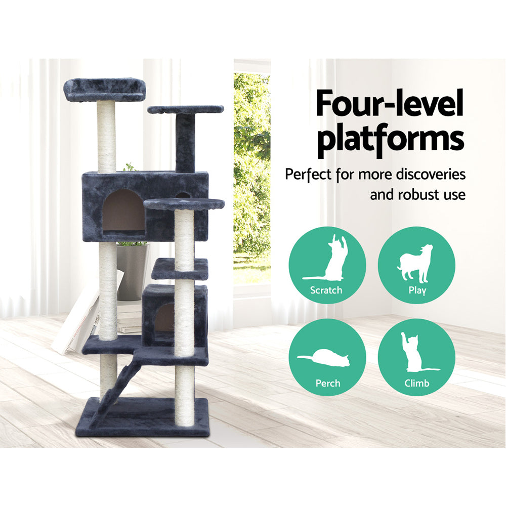 134 cm Cat Tree - Grey Post Scratcher Tower - The Cat Den