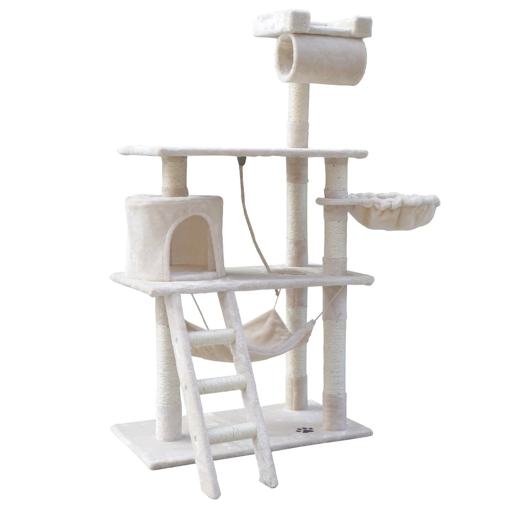 141cm Cat Tree With Pouch Hammock - Beige - The Cat Den