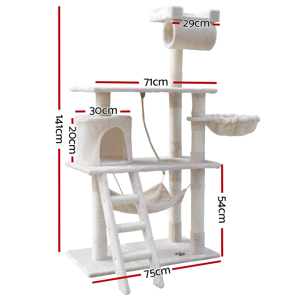 141cm Cat Tree With Pouch Hammock - Beige - The Cat Den