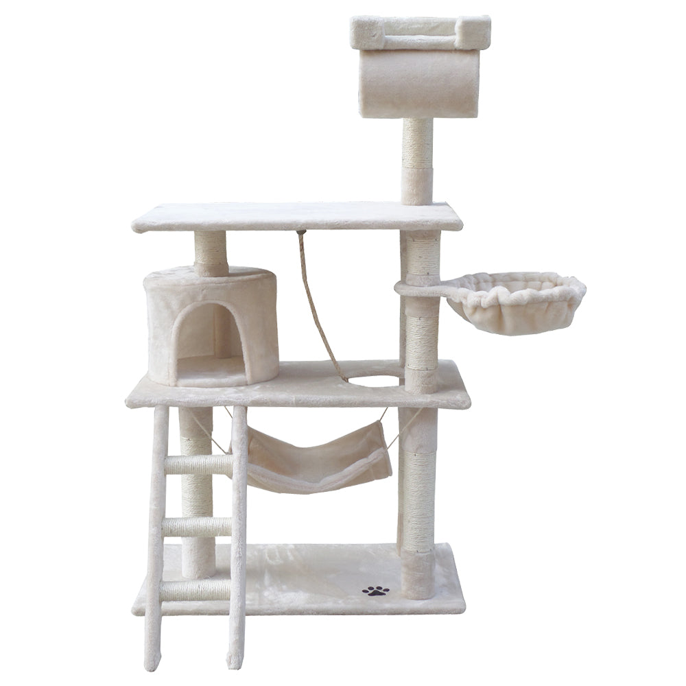 141cm Cat Tree With Pouch Hammock - Beige - The Cat Den