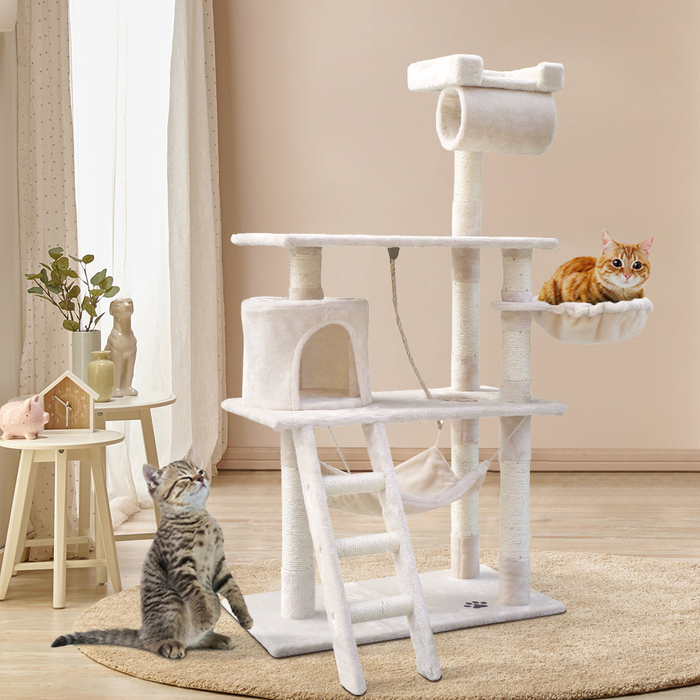 141cm Cat Tree With Pouch Hammock - Beige - The Cat Den