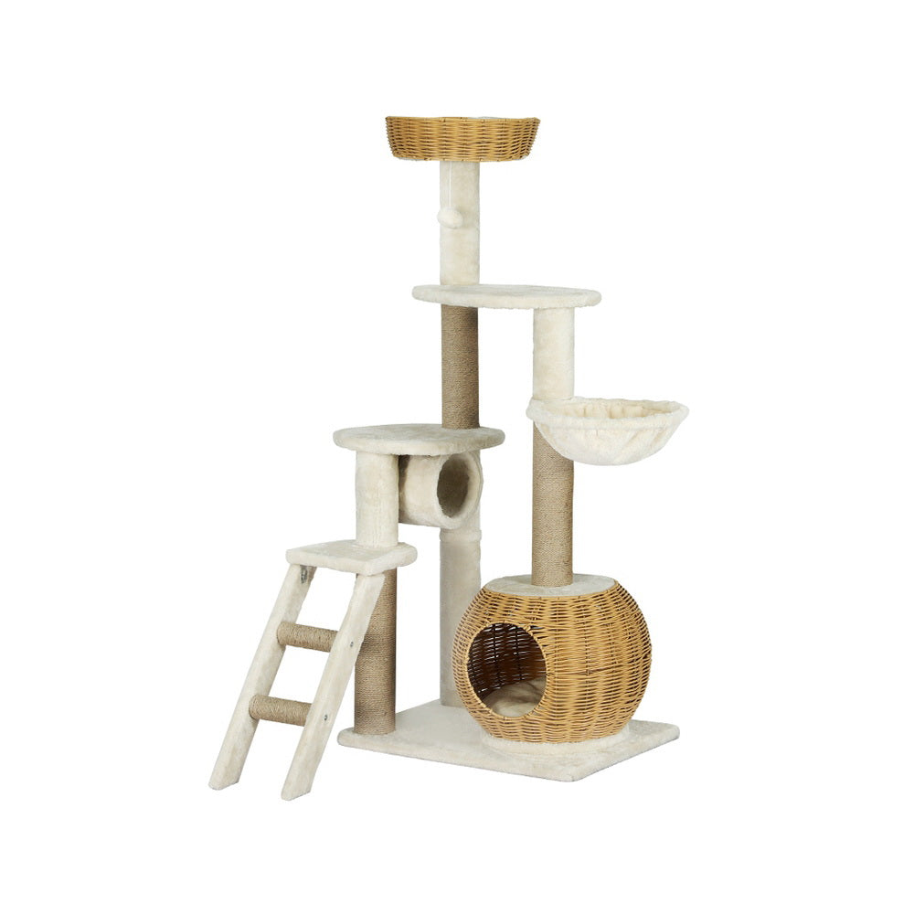 138cm Rattan Wood Cat Tree Tower Scratching Post Scratcher Bed Condo House - The Cat Den