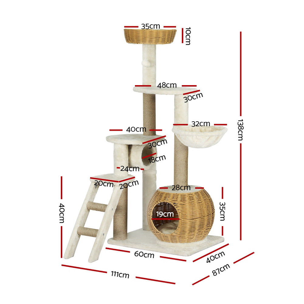 138cm Rattan Wood Cat Tree Tower Scratching Post Scratcher Bed Condo House - The Cat Den