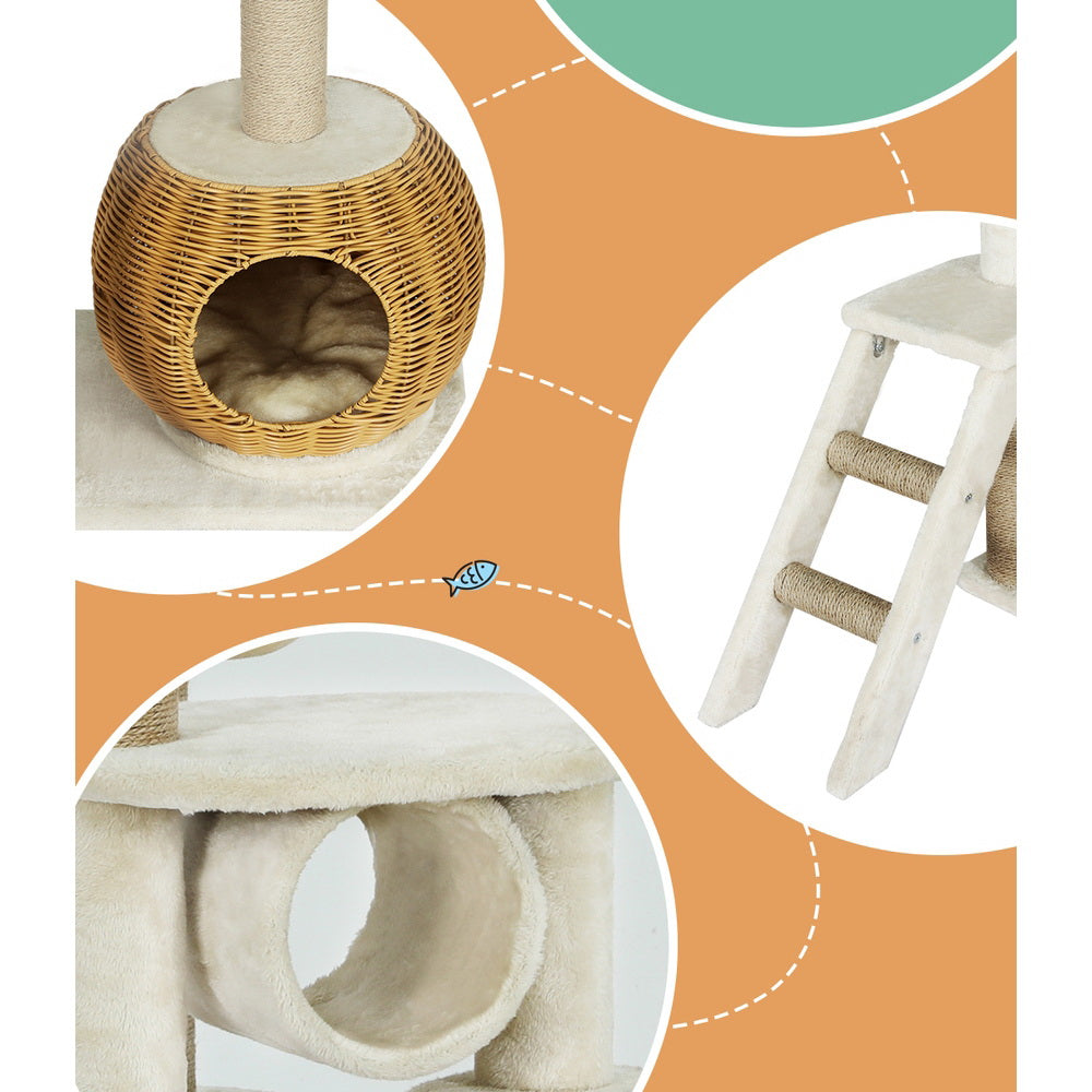 138cm Rattan Wood Cat Tree Tower Scratching Post Scratcher Bed Condo House - The Cat Den