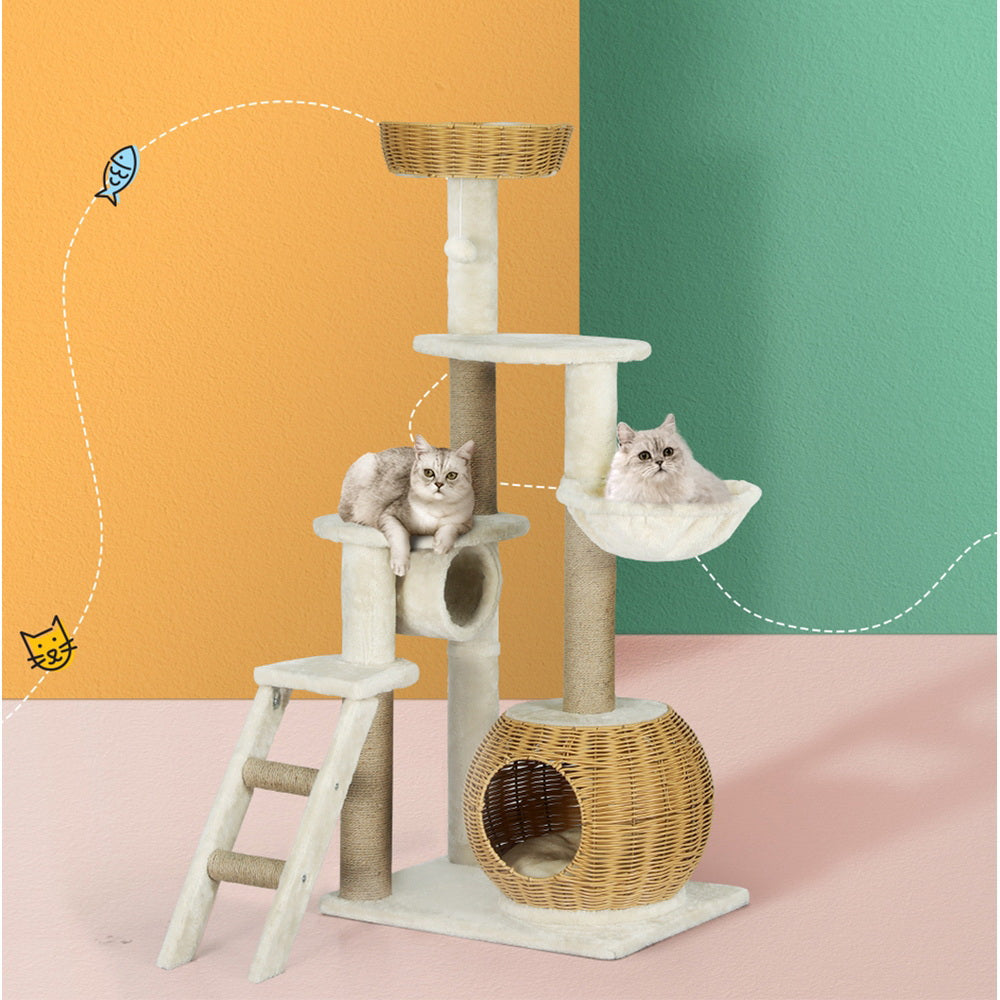 138cm Rattan Wood Cat Tree Tower Scratching Post Scratcher Bed Condo House - The Cat Den