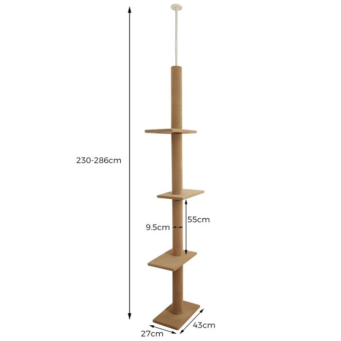 Three Tier Floor-To-Ceiling Cat Climbing Tree - Beige