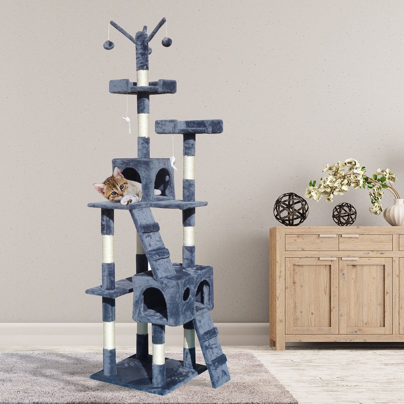 200cm Cat Tree - Multi Platform - Grey - The Cat Den