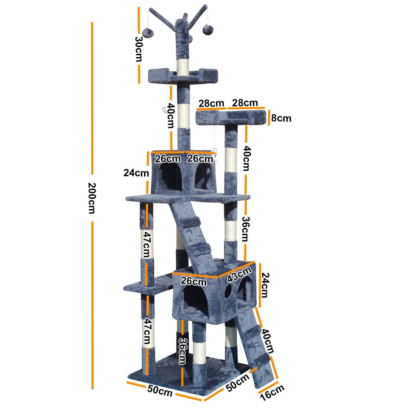 200cm Cat Tree - Multi Platform - Grey - The Cat Den