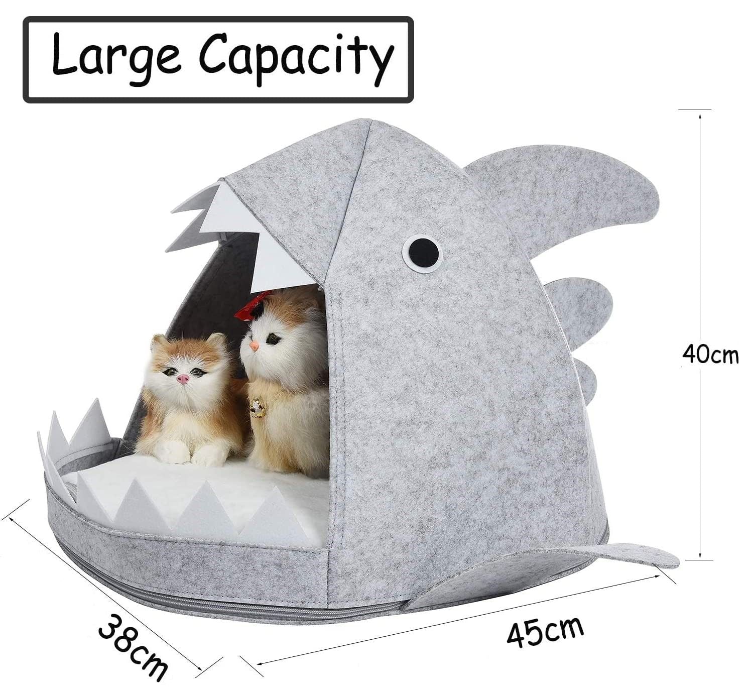 Shark Shape Pet Cave Bed for Cats andSmall Dogs 45 x 45 x 38 cm (Light Grey) - The Cat Den