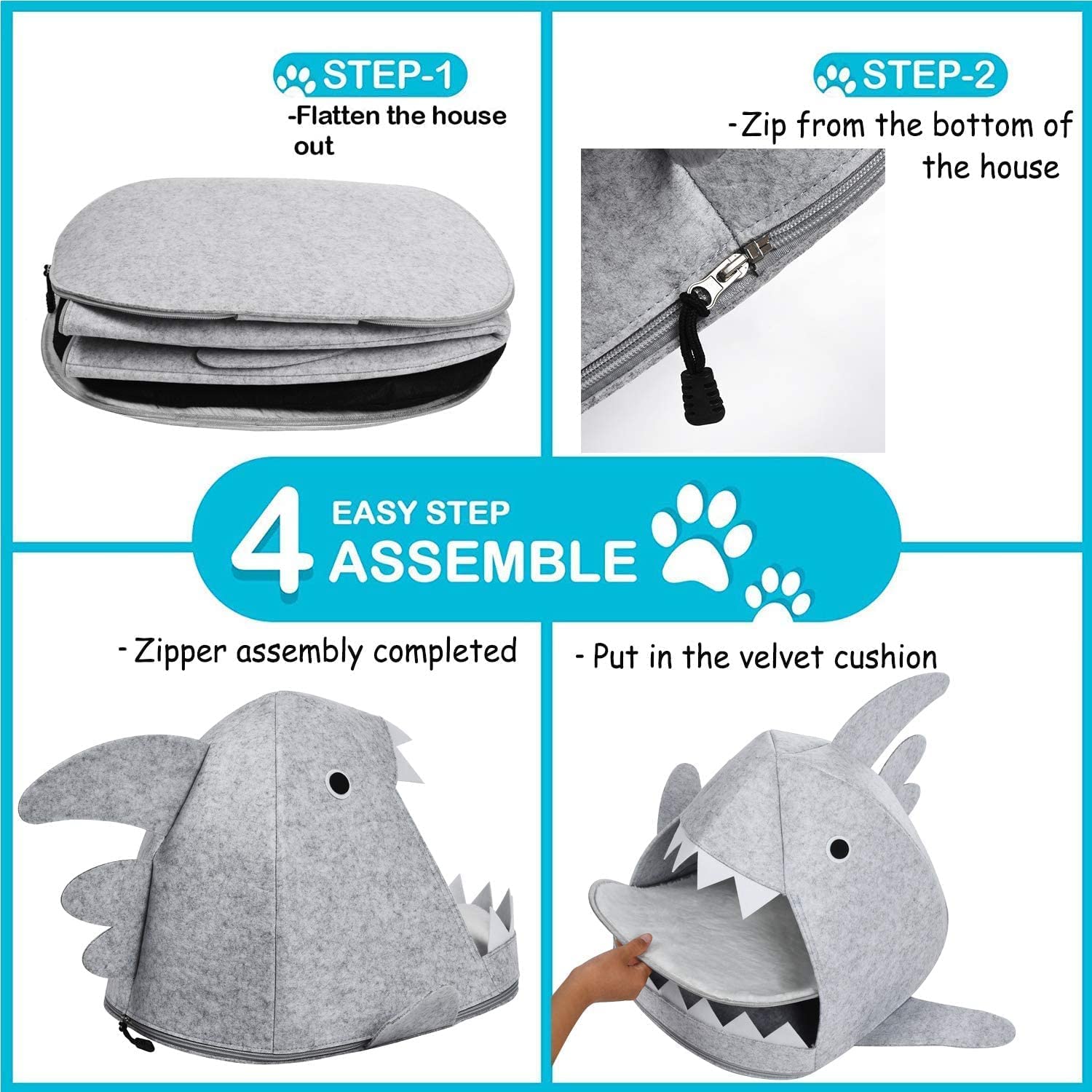 Shark Shape Pet Cave Bed for Cats andSmall Dogs 45 x 45 x 38 cm (Light Grey) - The Cat Den