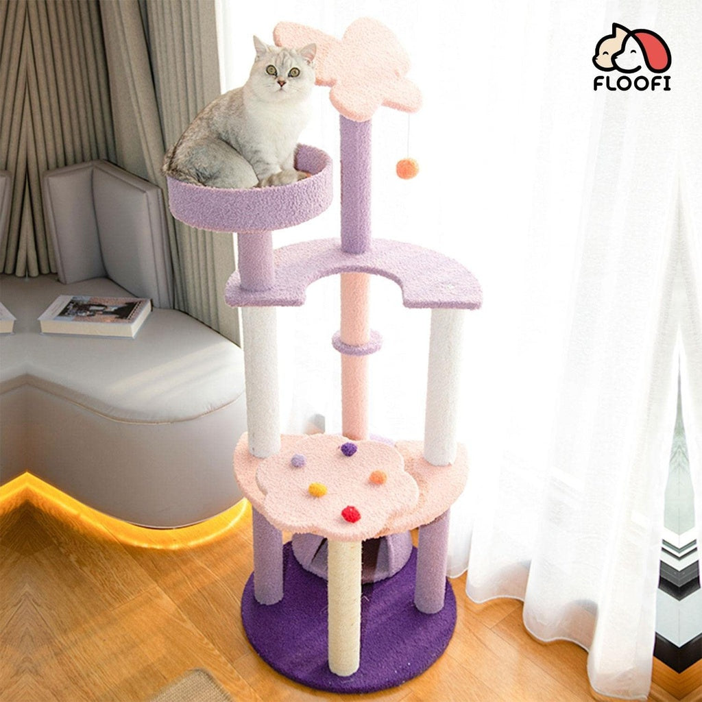 128cm Butterfly Plush Cat Condo Cat Tree - Pink & Purple - The Cat Den