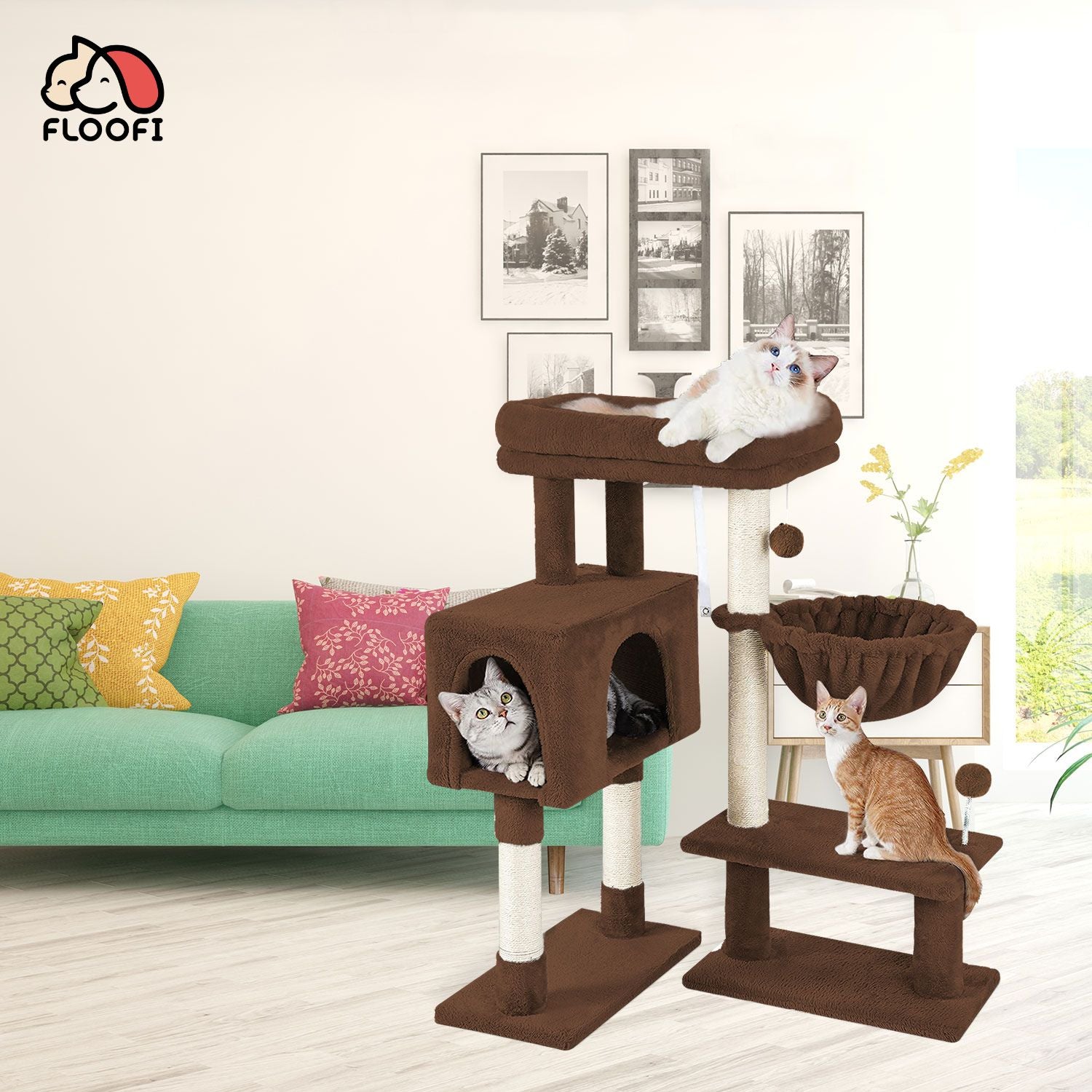 97cm Adjustable Base Plush Cat Tree - Brown - The Cat Den