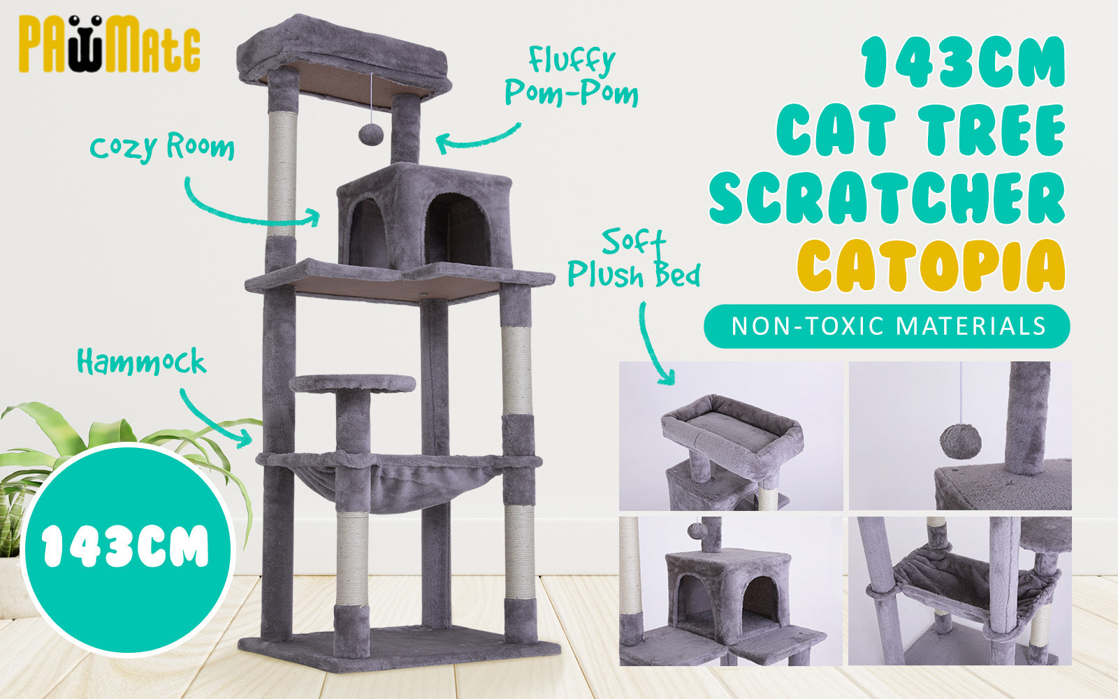 143cm Grey Cat Tree CATOPIA Sisal Scratching Post Scratcher Pole Condo House Tower - The Cat Den