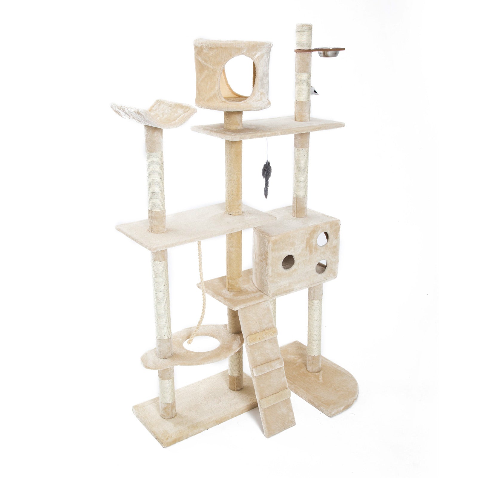 170cm Multi Level Cat Tower Scratcher with Toy and Bowl - Beige - The Cat Den