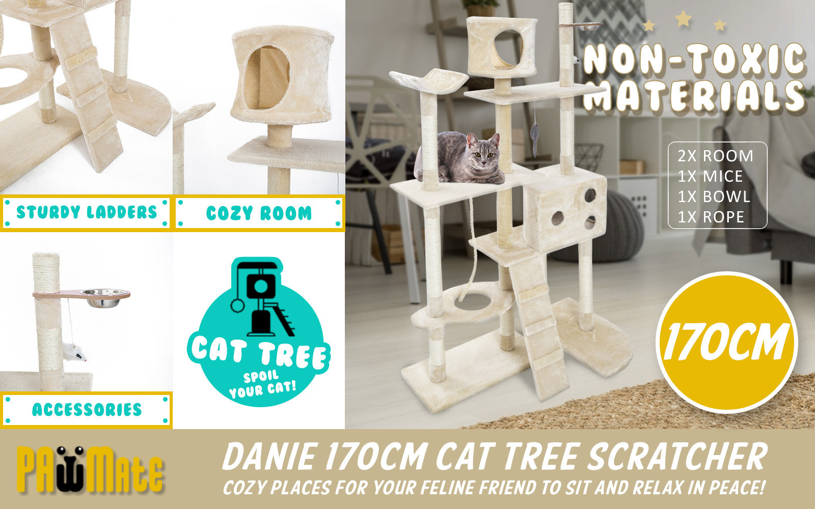 170cm Multi Level Cat Tower Scratcher with Toy and Bowl - Beige - The Cat Den