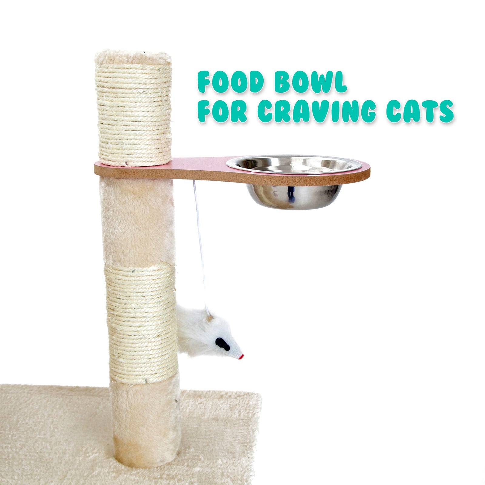 170cm Multi Level Cat Tower Scratcher with Toy and Bowl - Beige - The Cat Den