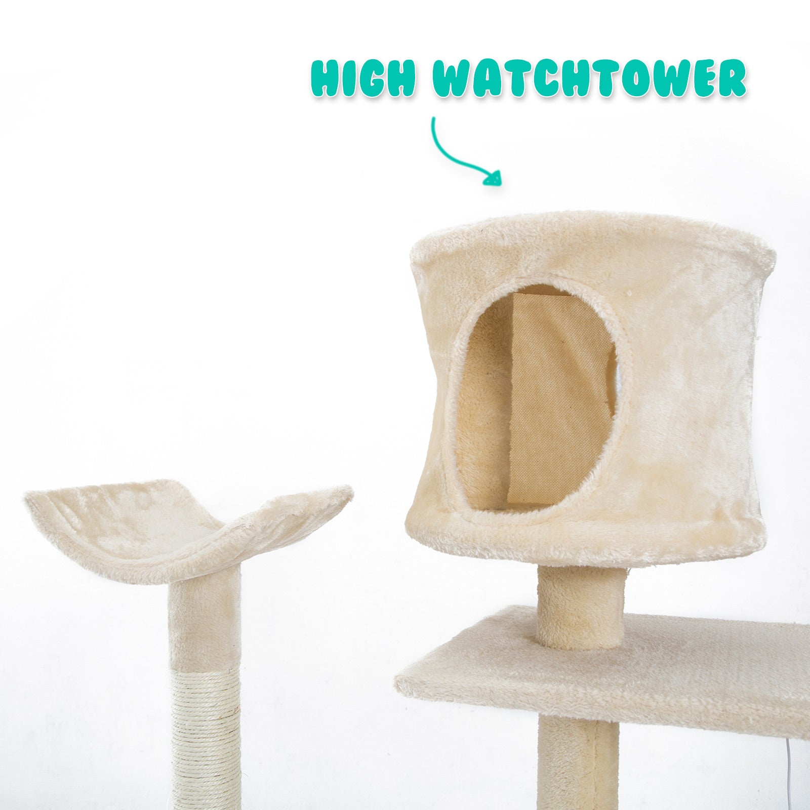 170cm Multi Level Cat Tower Scratcher with Toy and Bowl - Beige - The Cat Den