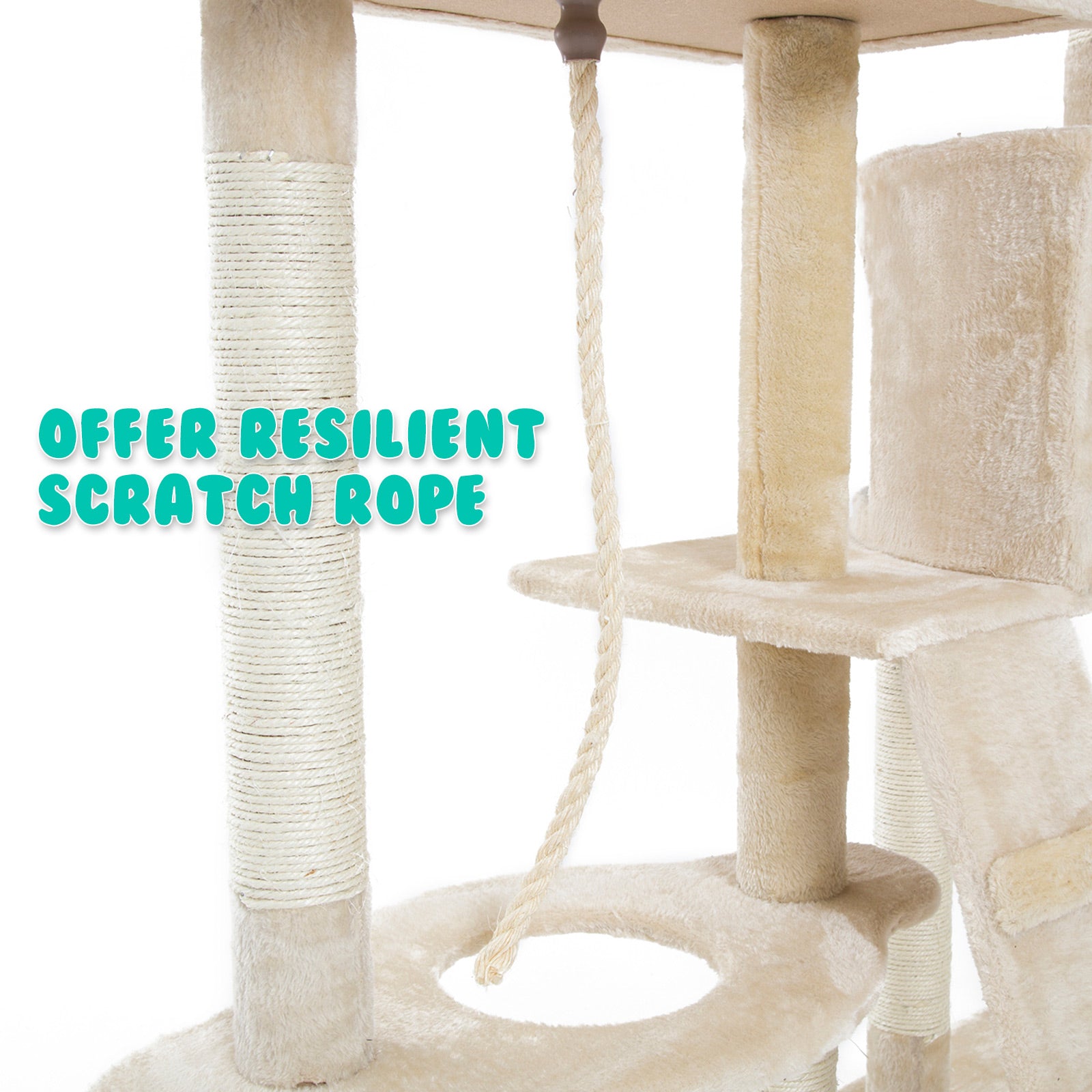 170cm Multi Level Cat Tower Scratcher with Toy and Bowl - Beige - The Cat Den