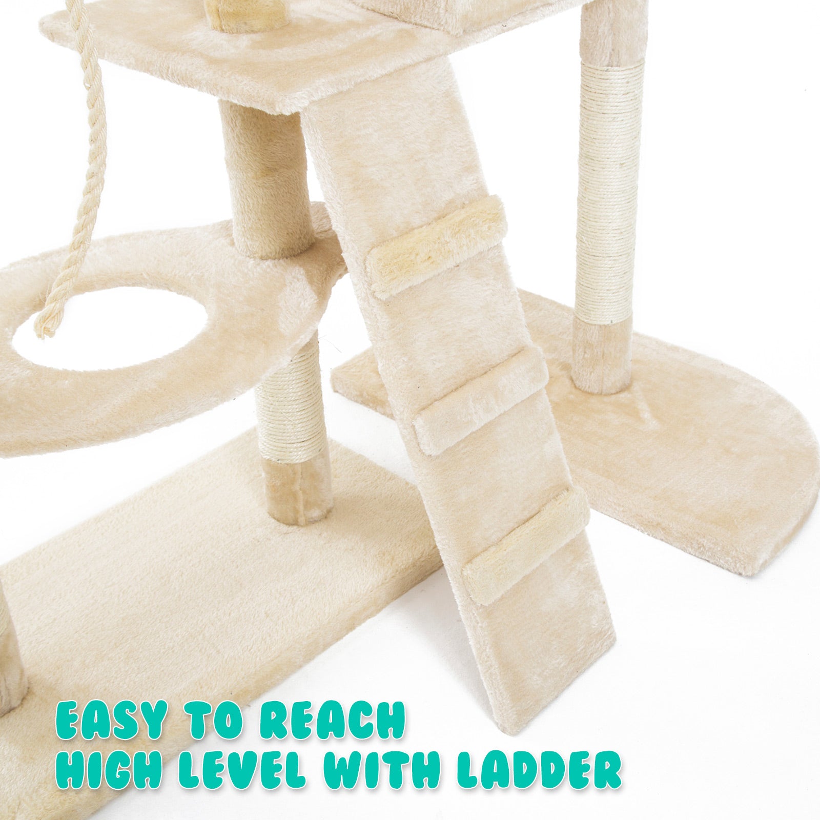 170cm Multi Level Cat Tower Scratcher with Toy and Bowl - Beige - The Cat Den