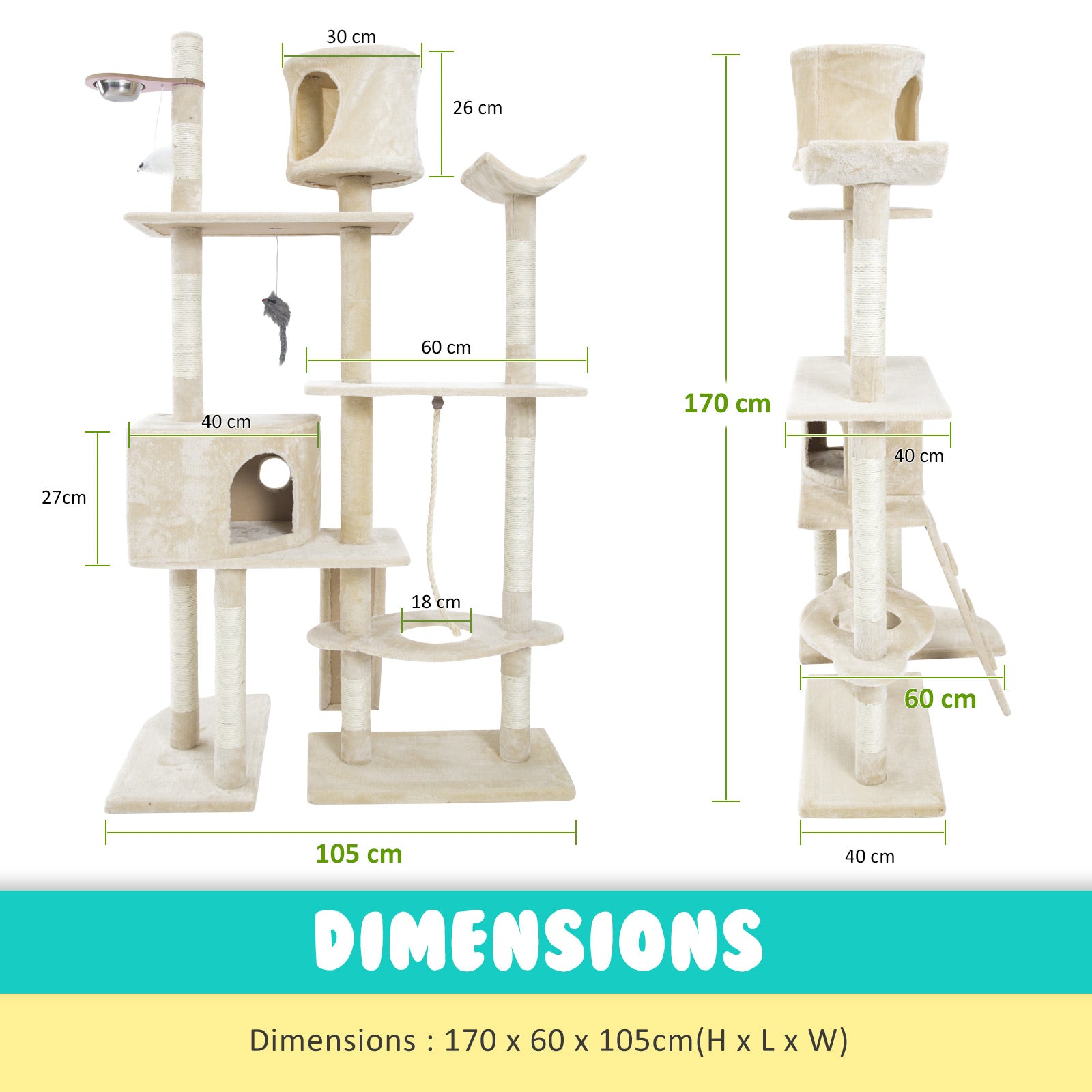 170cm Multi Level Cat Tower Scratcher with Toy and Bowl - Beige - The Cat Den