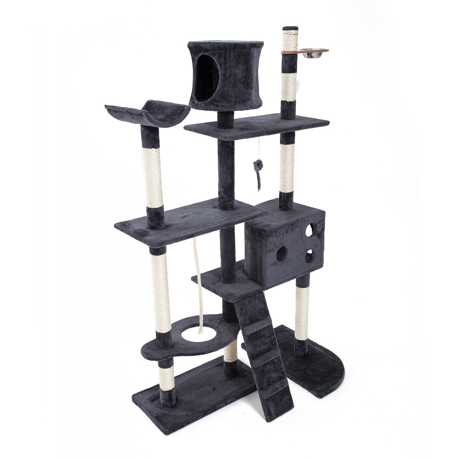 170cm Multi Level Cat Tower Scratcher with Toy and Bowl - Grey - The Cat Den