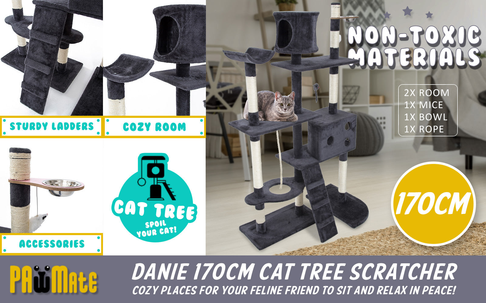 170cm Multi Level Cat Tower Scratcher with Toy and Bowl - Grey - The Cat Den