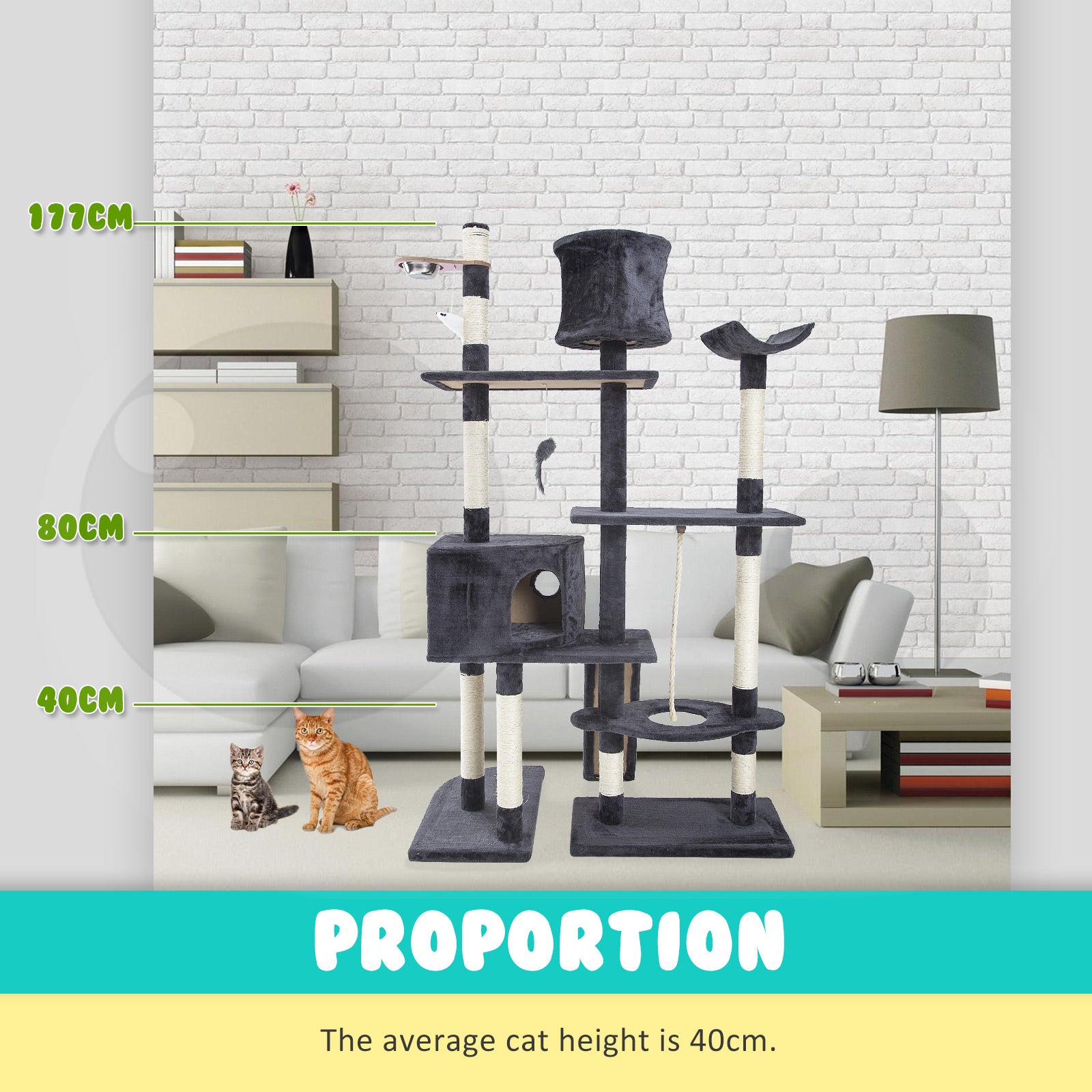 170cm Multi Level Cat Tower Scratcher with Toy and Bowl - Grey - The Cat Den