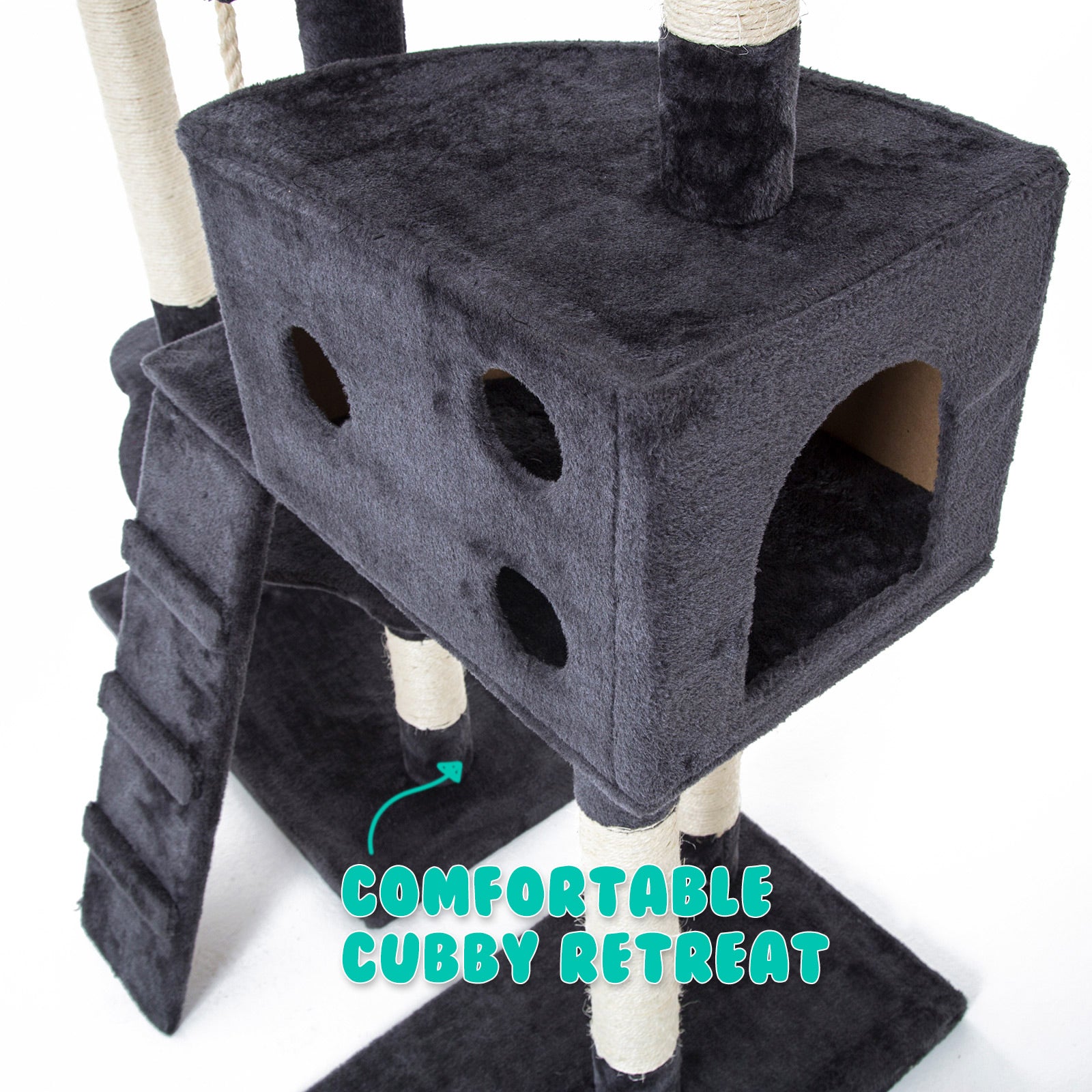 170cm Multi Level Cat Tower Scratcher with Toy and Bowl - Grey - The Cat Den