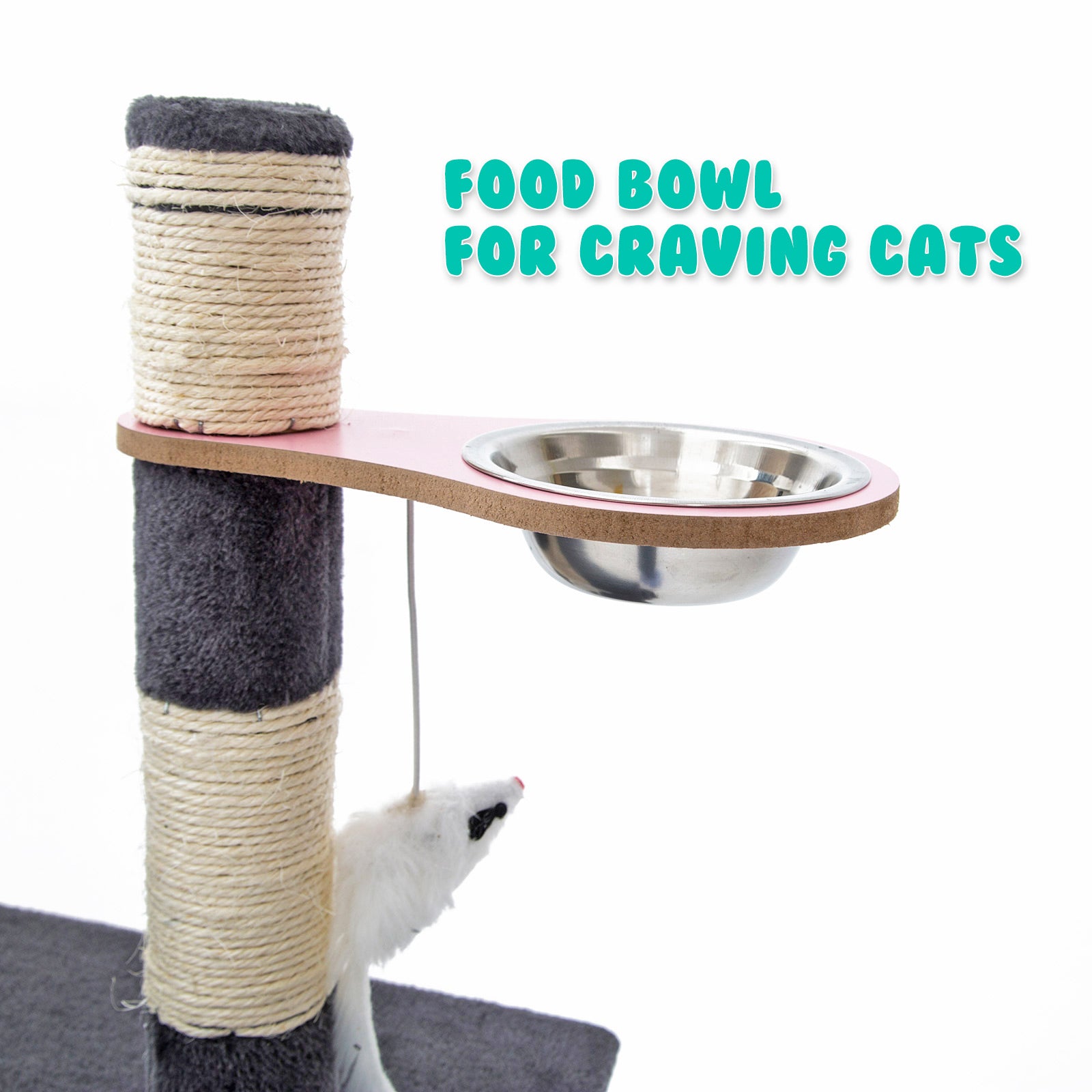 170cm Multi Level Cat Tower Scratcher with Toy and Bowl - Grey - The Cat Den