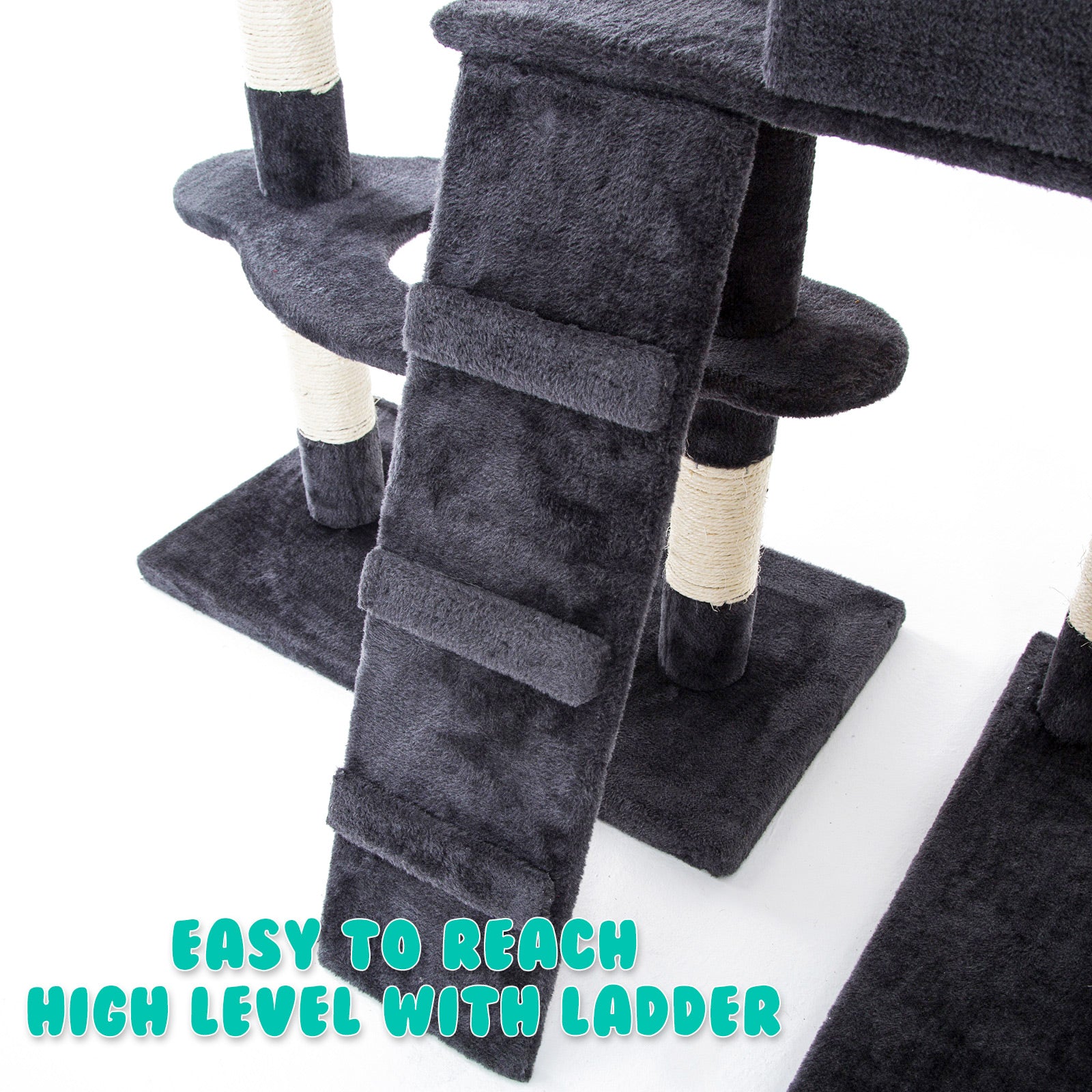 170cm Multi Level Cat Tower Scratcher with Toy and Bowl - Grey - The Cat Den