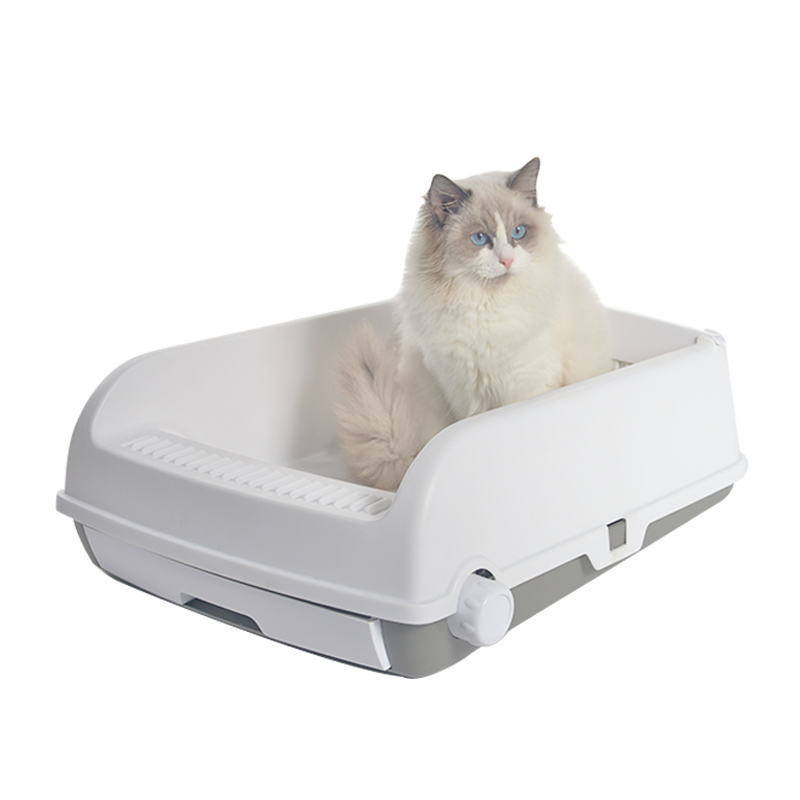 Large Cat Litter Tray with Rack Scoop & Drawer-Style Box - White - The Cat Den