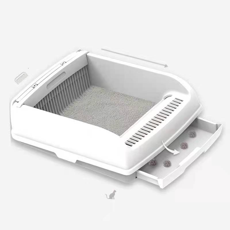 Large Cat Litter Tray with Rack Scoop & Drawer-Style Box - White - The Cat Den