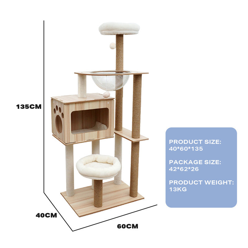 135cm Wooden Cat Tree With Plush Bed & Capsule Pod - The Cat Den