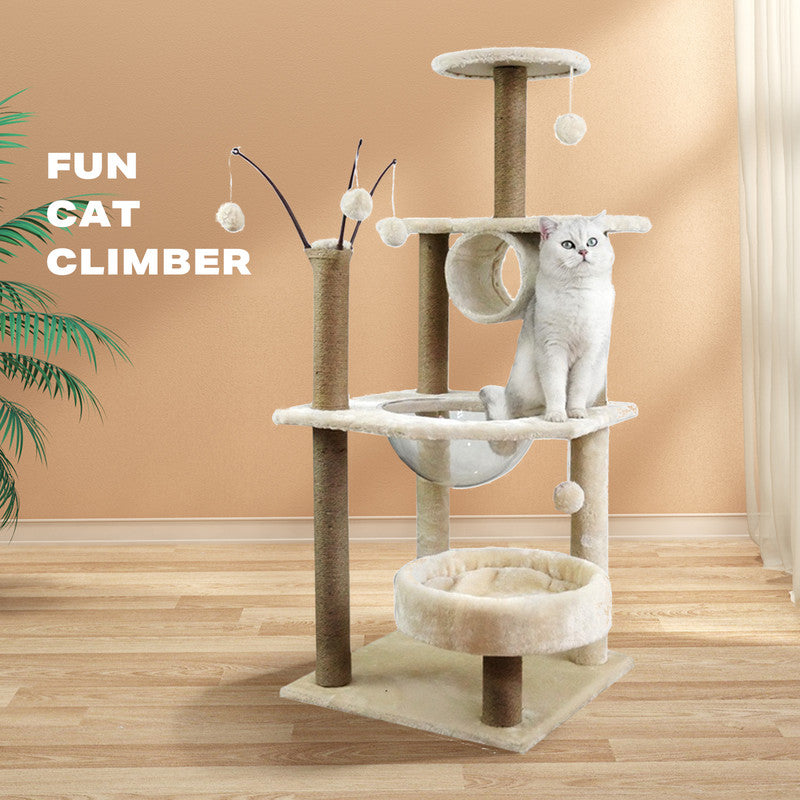 120cm Premium Cat Tree With Soft Plush Bed & Hanging Toys - The Cat Den