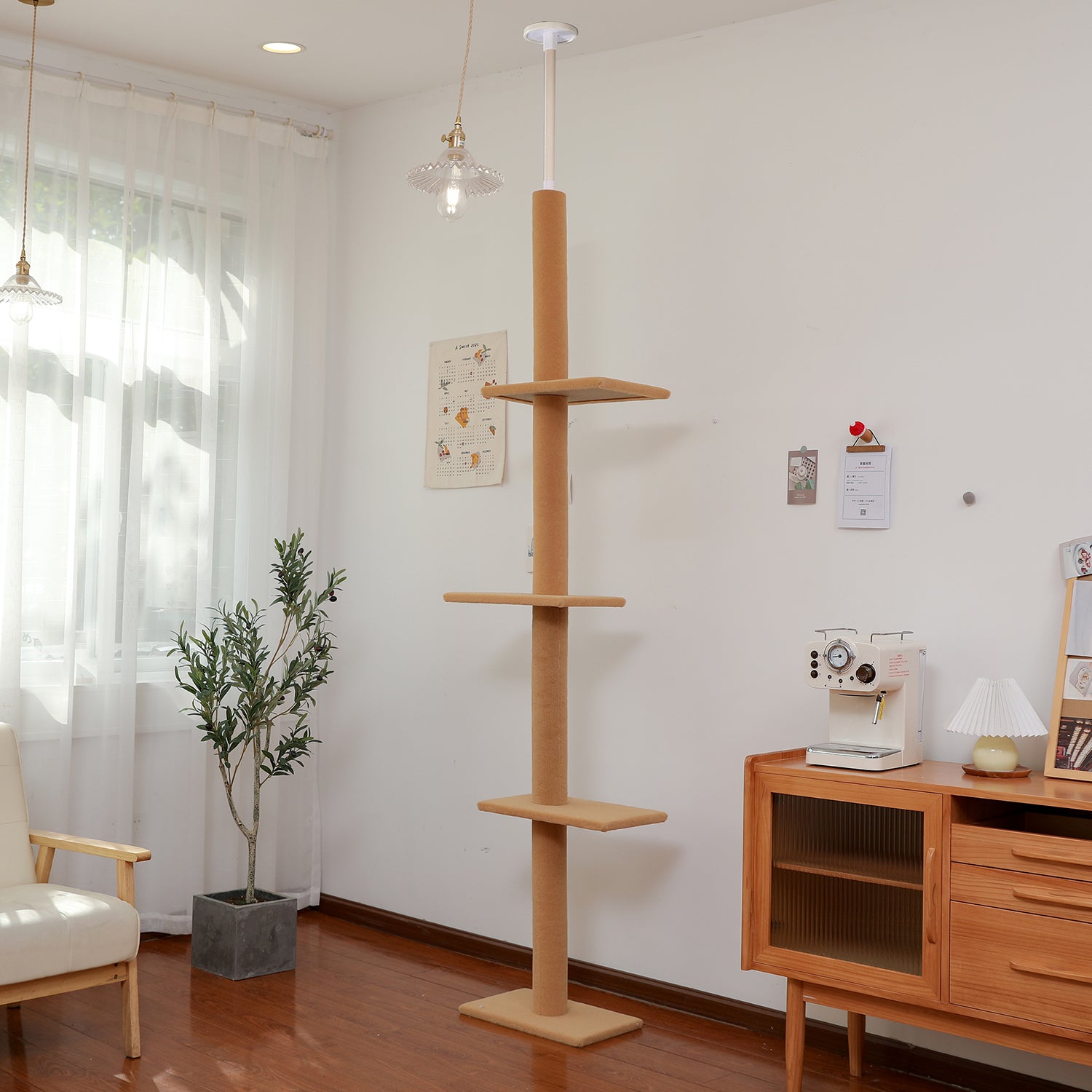 Three Tier Floor-To-Ceiling Cat Climbing Tree - Beige